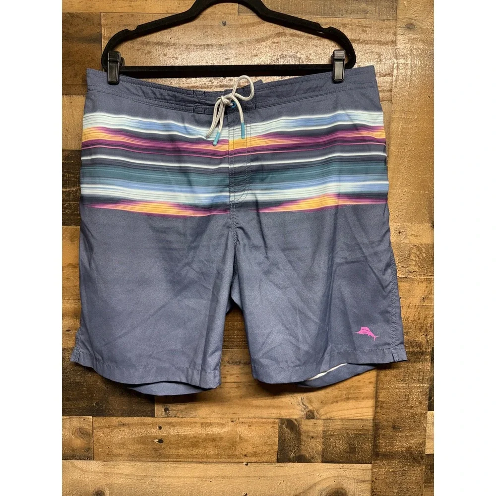 Tommy Bahama Mens‎ XXL Sunset Stripe Swim Trunks Grey Board Shorts 8 Inch Inseam